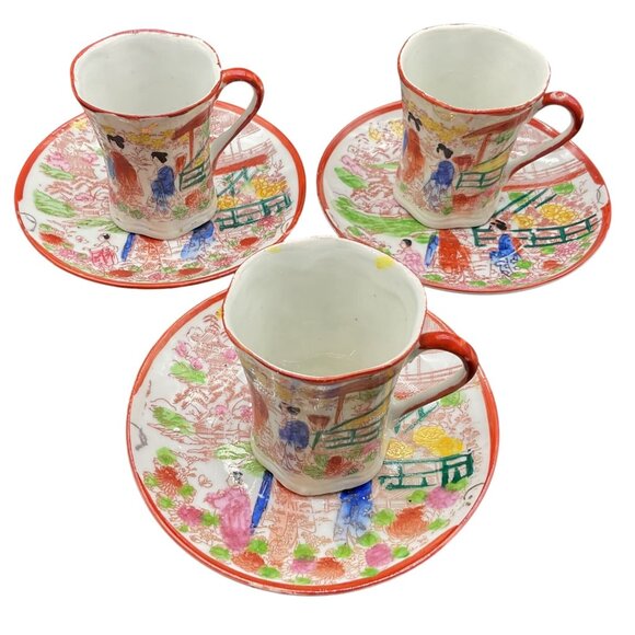 Vintage 1920s Geisha Painted Egg Shell Porcelain Set of 3 Cups & Saucers Japan - Picture 1 of 5